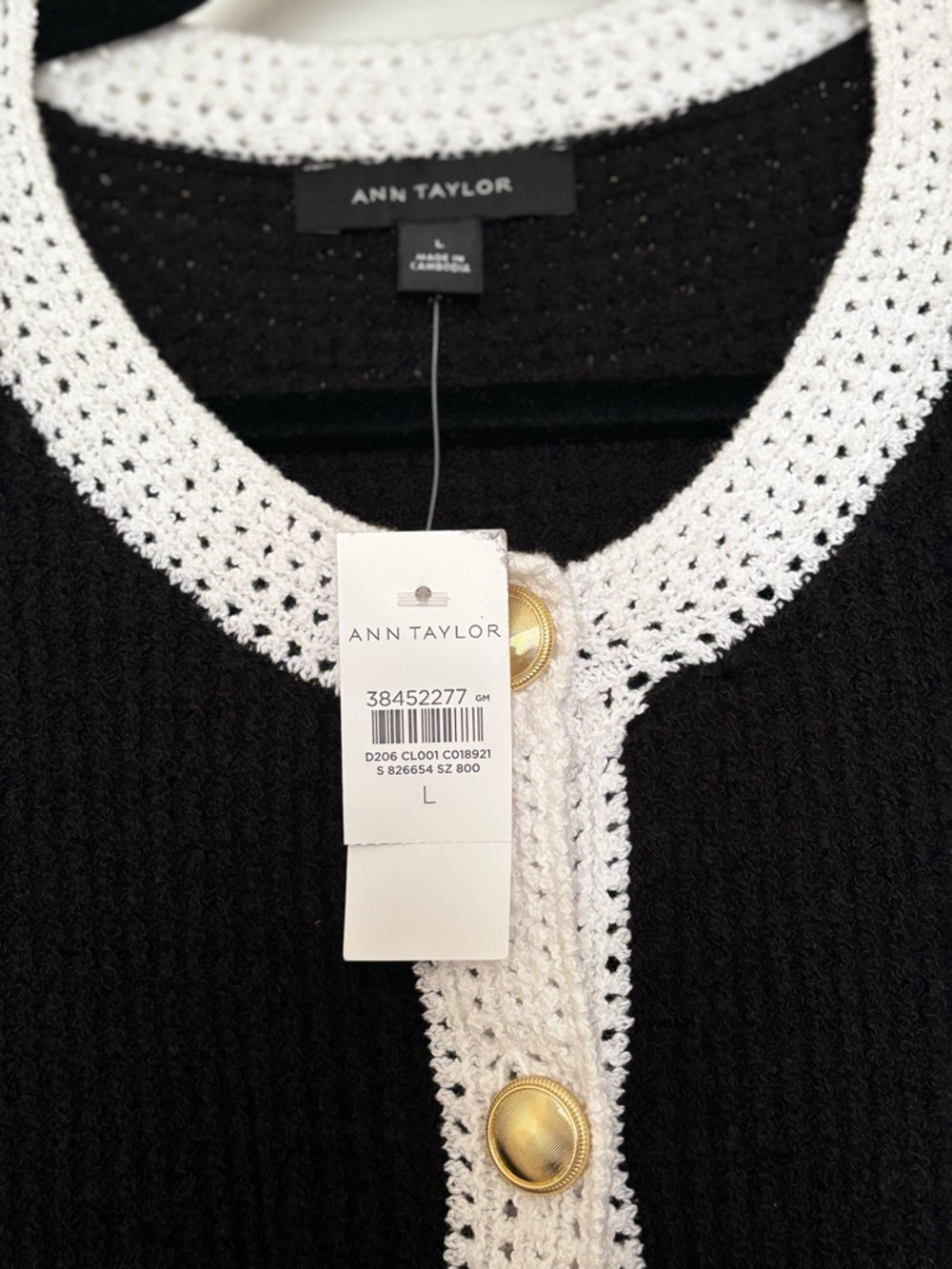 Ann Taylor Colorblock Sweater Jacket NWT| Black Cream Trim|Gold Buttons | Size L - Picture 4 of 5